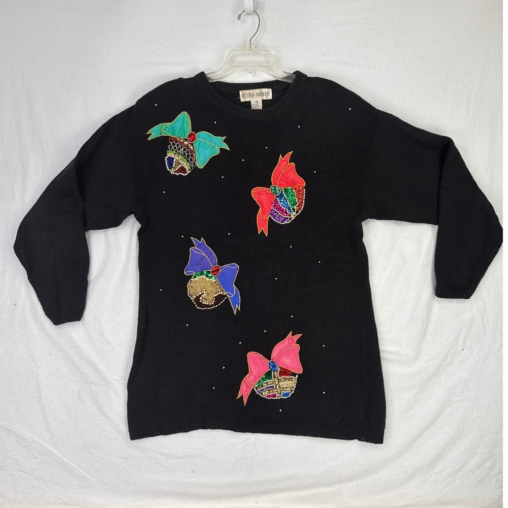 Victoria Harbour Black Christmas Sweater Sequin Rhinestones Bows‎ & Beads, M